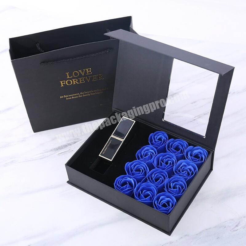 Wholesale Custom eco-friendly logo printed empty paper carton foldable magntic flower packaging gift lipstick box for cosmetic
