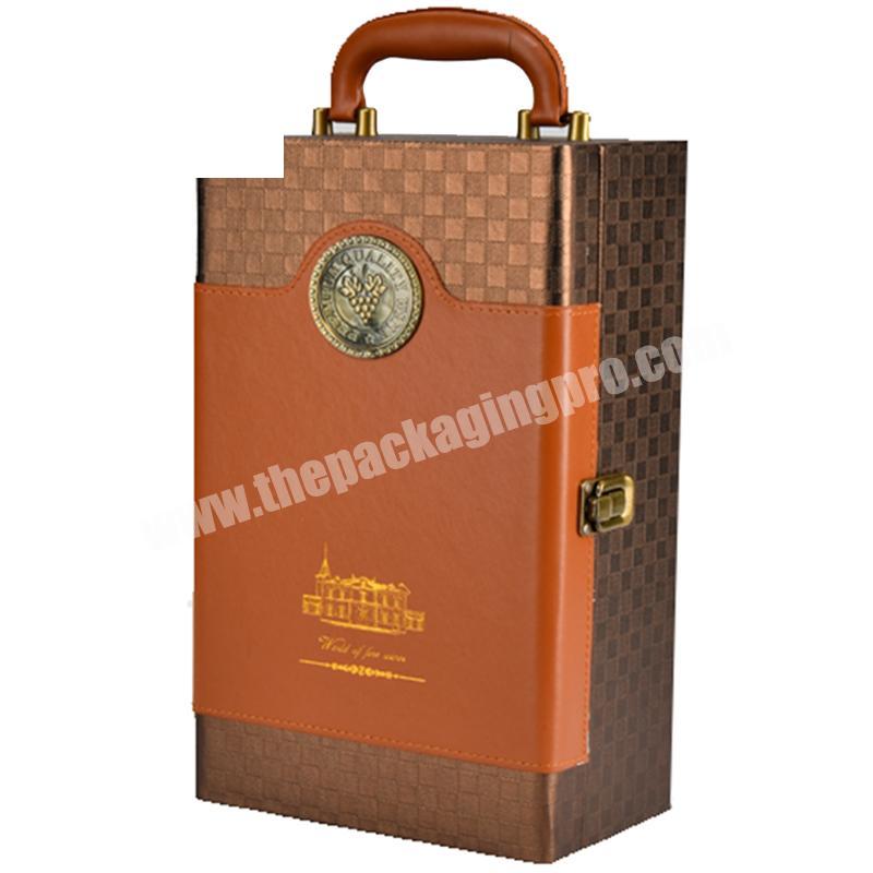 Wholesale custom gold two bottles of wine box, luxury PU leather wine gift box with accessories