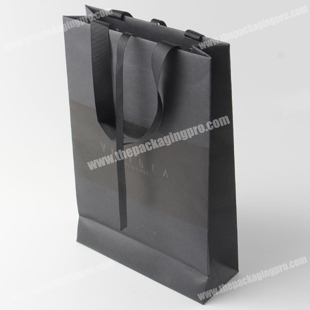 Wholesale custom logo black gift paper bag with ribbon handle