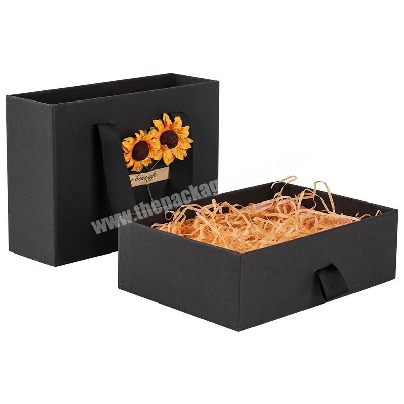 Wholesale Custom Logo Elegant Portable Black Gift  Packaging Box with Drawer and Shreded Paper
