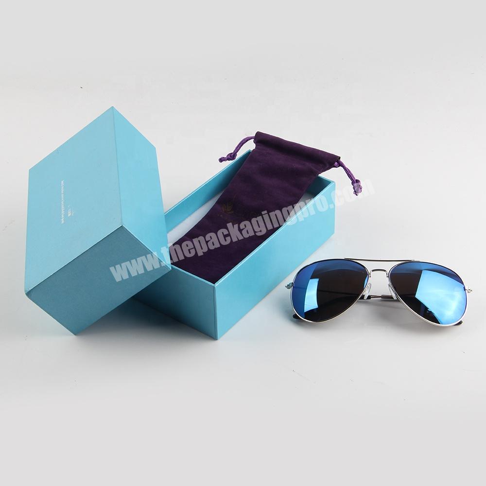 wholesale custom logo luxury blue paper sunglasses display box with velvet pouch