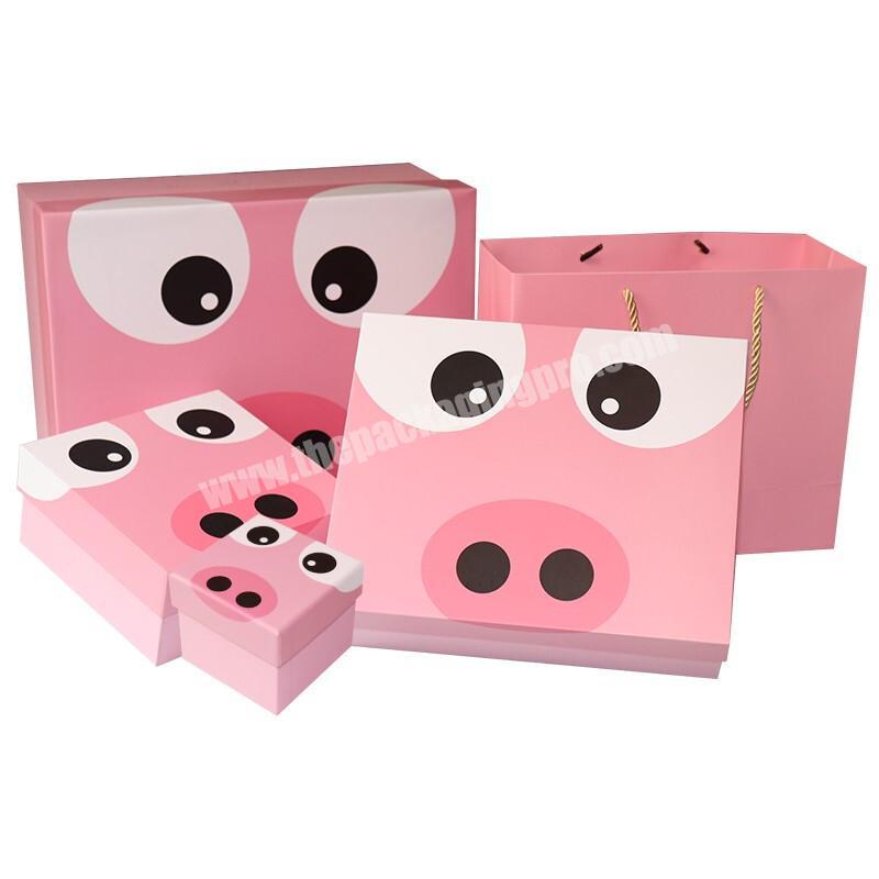 Wholesale Custom Logo Rigid Cute Pink Cartoon Printed Gift Packaging Box with Lid  Cover and Raffia