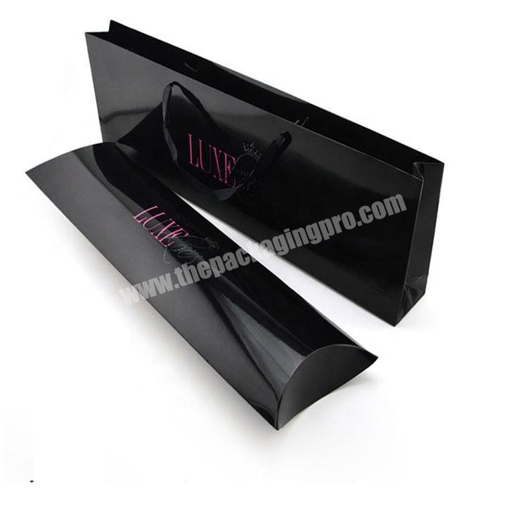 Wholesale Custom Luxury black Virgin Hair Pillow Box Packaging Paper box with golden printing