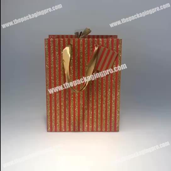 Wholesale Custom Printed Logo Glitter Christmas paper shopping ribbon handle luxury gift bags