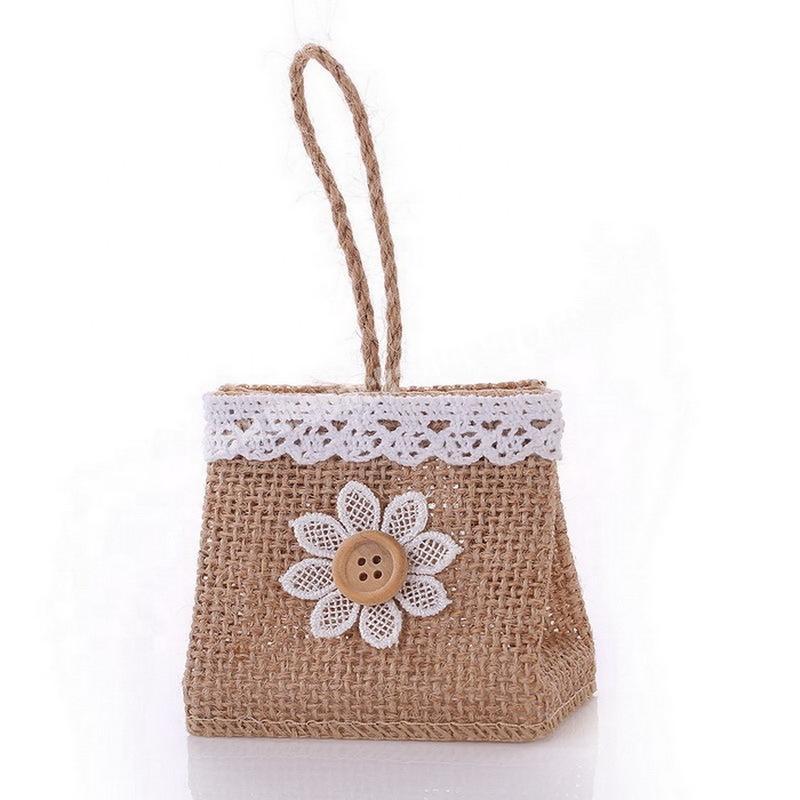 Wholesale Linen Burlap With Wrapping Lace Wedding Candies Drawstring Bags