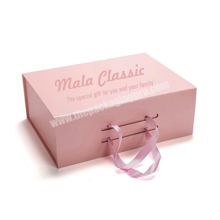 Wholesale Pink&Gray Cardboard Custom Printed Apparel Gift Packing Flat Folding Box With Ribbon