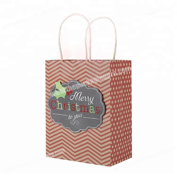 wholesale red hotsamping recycle kraft paper christmas gift bag with glitter tip on