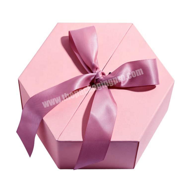 Wholesale retail cardboard hexagon gift box with ribbon , luxury paper hexagon box