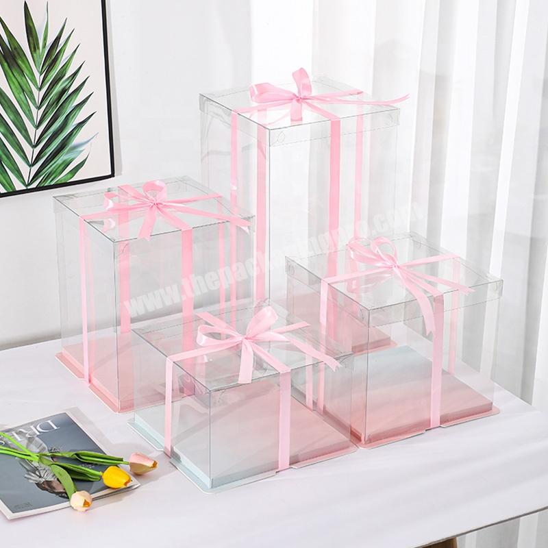 Birthday Party Clear Square Tall Transparent Cake Box Packing Clear PET Cake Box Transparent With Ribbon