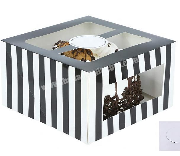 Black Glossy Stripes Cardboard Cake Boxes with Cake Boards and Window Panels for Wedding, Bake Sales