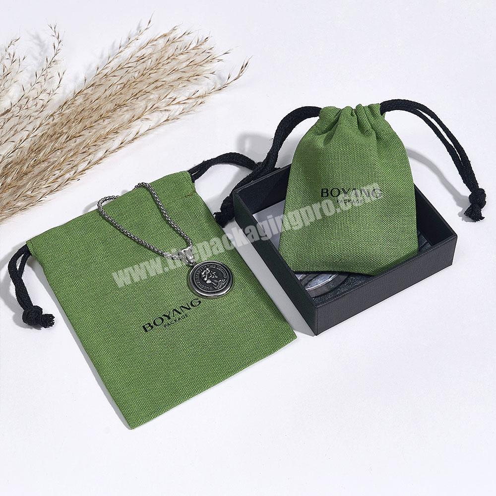 Boyang Custom Logo Eco Friendly Small Green Cotton Jewelry Drawstring Bag Pouch