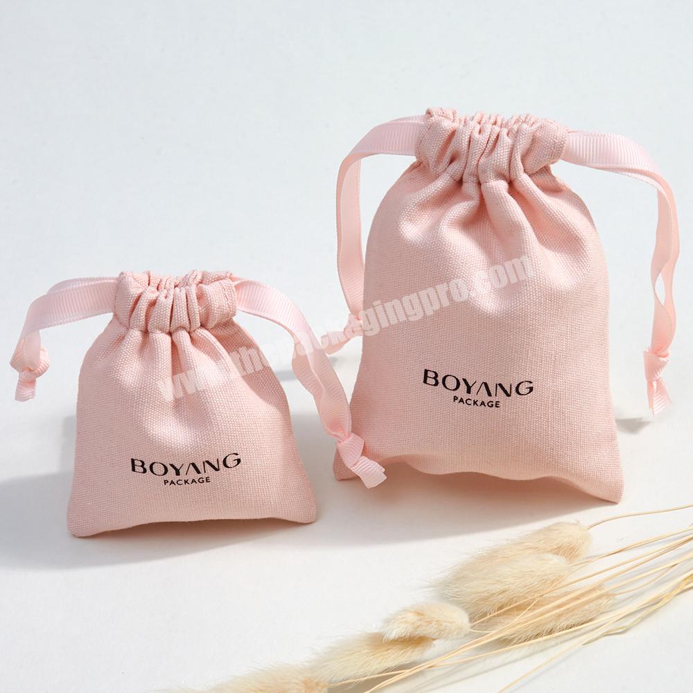 Boyang Custom Logo Printed Pink Drawstring Cotton Canvas Gift Jewelry Packing Pouch Bag