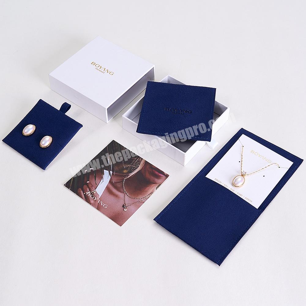 Boyang Custom New Design Square Blue Microfiber Ring Earring Necklace Jewelry Bag Pouches and Box