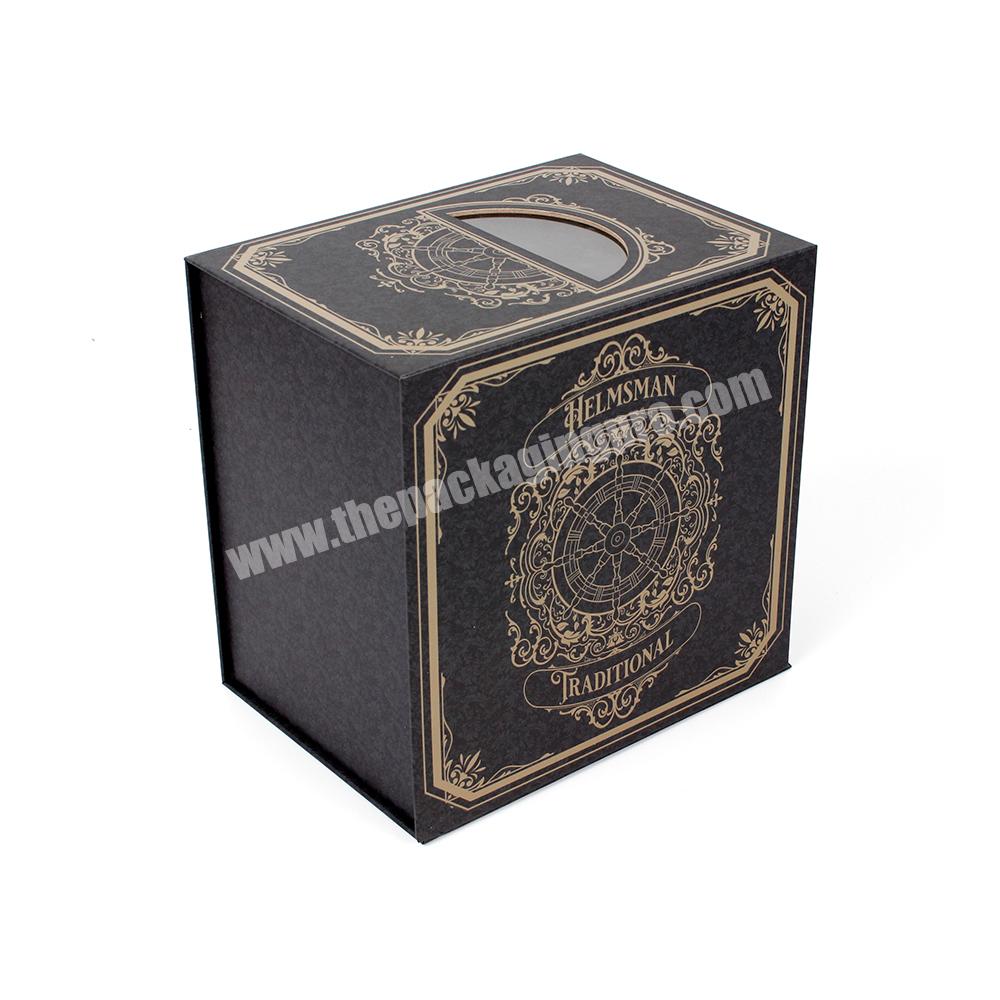Custom Black Color Hat Box Packaging Baseball Hat Mailer Gift Box Magnetic Closing Packing UV Printing Box With Clear Window
