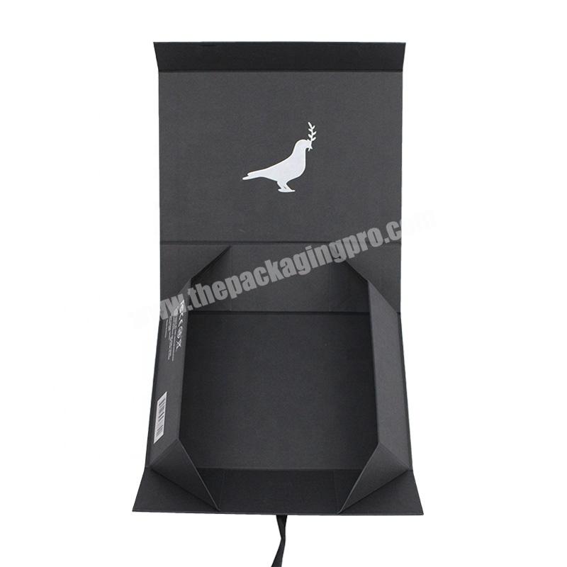 Custom Brand Black Silver Hot Stamping Collapsible Box Magnetic Closure Rigid Paper Gift Box With Ribbon