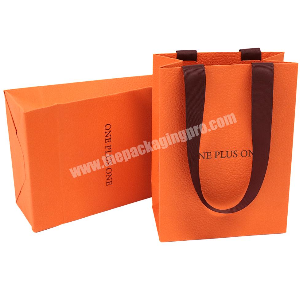 Custom Branded Logo Orange Special Paper Clothing Packaging Gift Shopping Bag Paperbag With Ribbon Handle