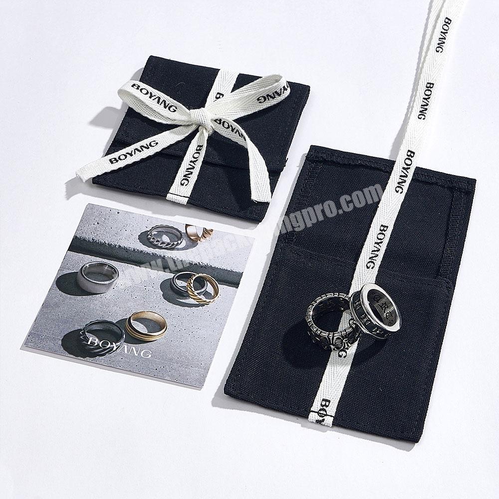 Custom Envelope Flap Black Cotton Jewelry Packaging Bag Pouches with Ribbon