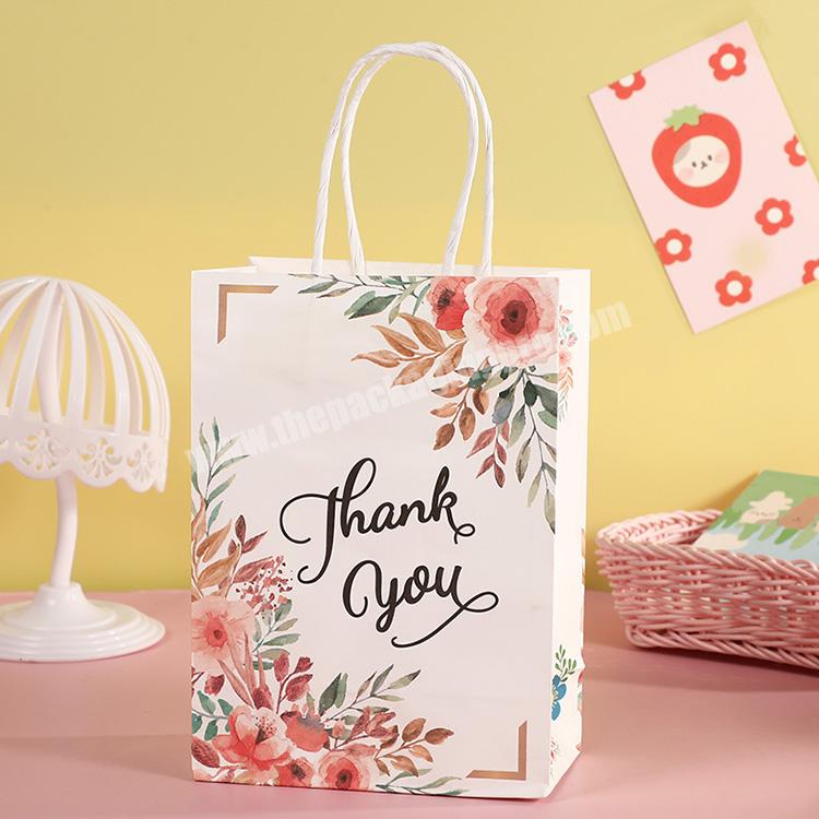 Custom Floral Design Hot Stamping Logo Recycled Thank You Gift Carrier White Kraft Paper Bags