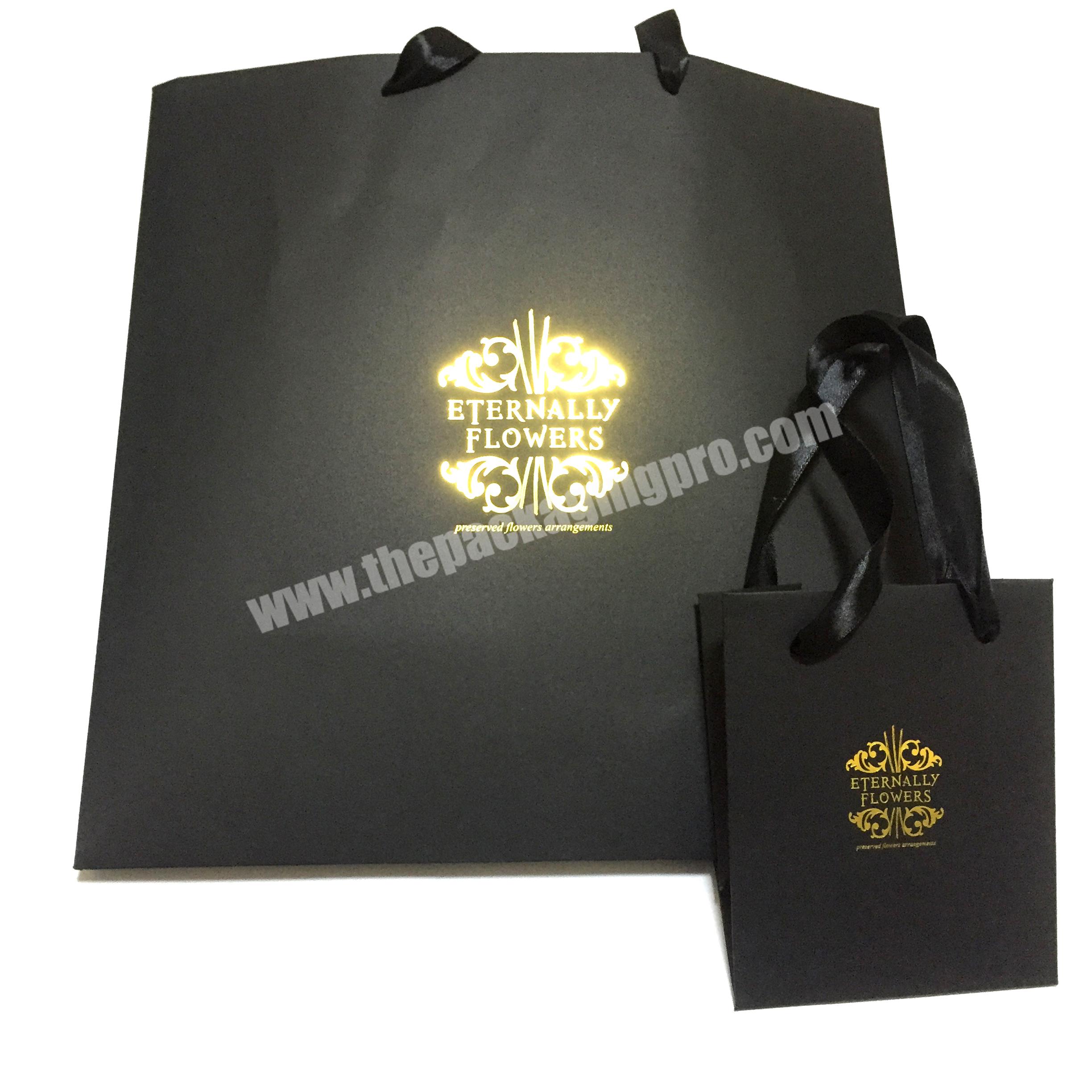 Custom Gold Hot Foiled Stamping logo Black Matt Kraft Paper Bag With Cotton Rope Handles