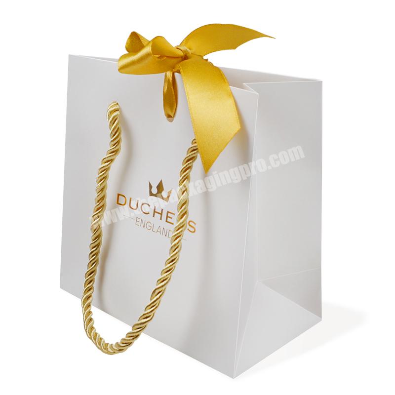 Custom Hot Gold Foiled Logo White Shopping Paper Bag With Ribbon