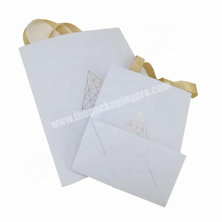 Custom Jewelry Makeup Cosmetic Gift Packaging Logo Gold Print White Shopping Paper Bag with Ribbon Handle