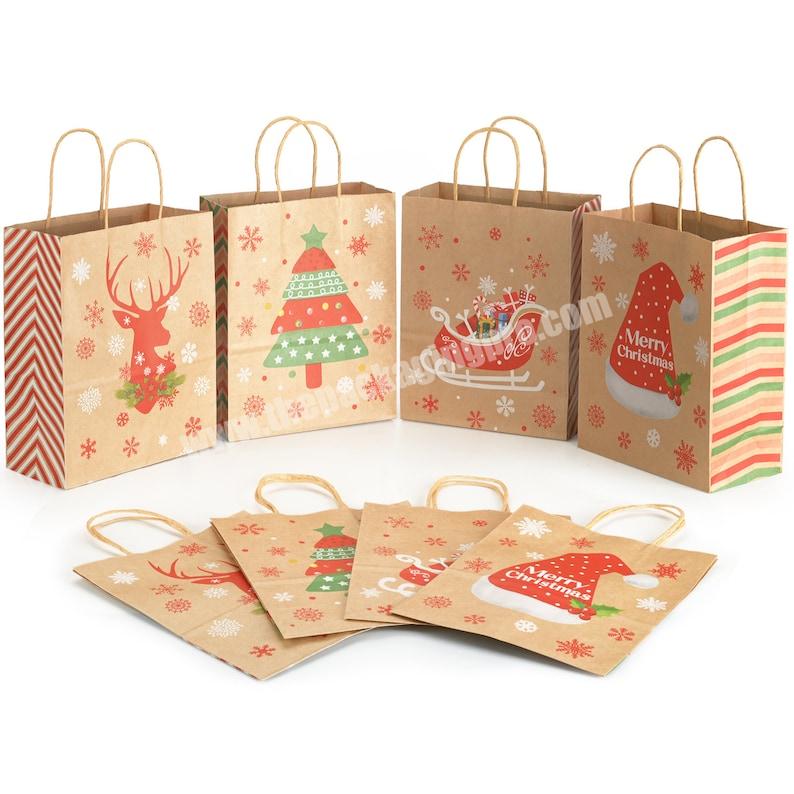 Custom Logo Christmas Gift Bags Kraft Paper Gift Bags with Handles for Christmas