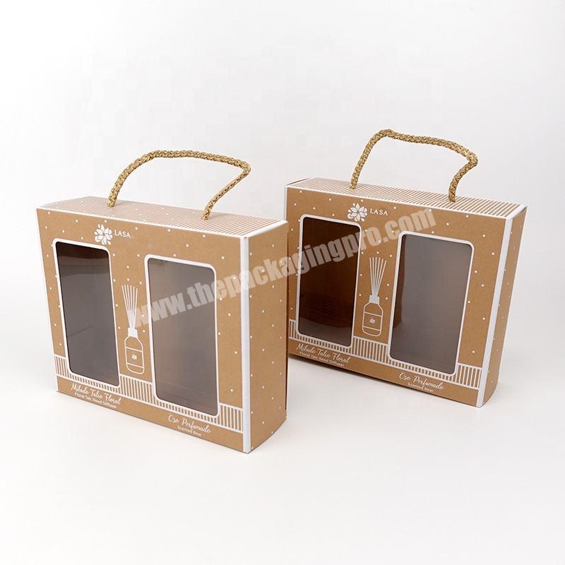 Custom Logo Perfume Candle Reed Kraft Paper Packaging Gift Box With Clear Window And Handles
