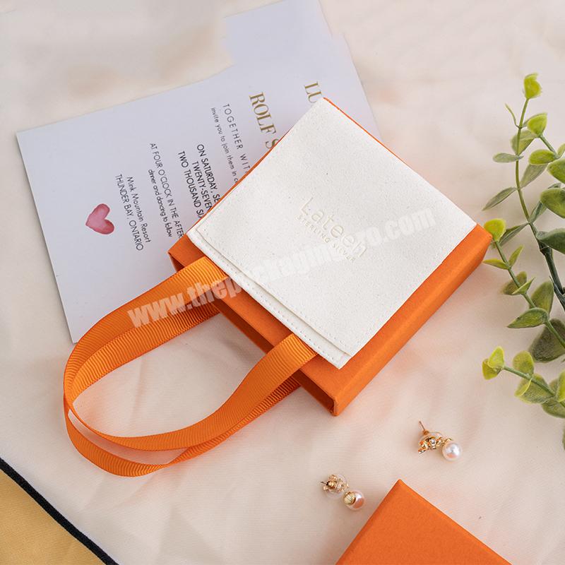 Custom Logo Printed Luxurious Orange Jewellery Packing Velvet Microfiber Pouch Bag Sliding Jewelry Slide Drawer Box Set