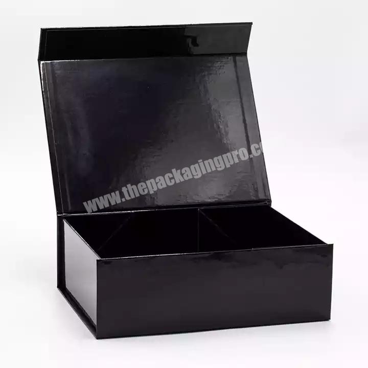 Custom Magnetic Flat Folding Luxury Rigid Cardboard Packaging black Clothing Box Apparel gift boxes With Ribbon Closure
