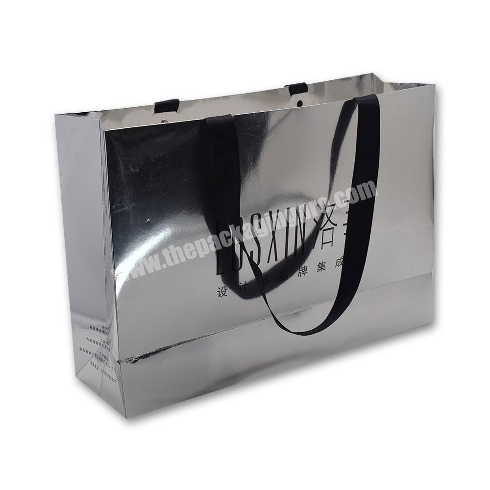 Custom Printed Silver Luxury Brand Retail Shopping Packaging Clothing Paper Bag With Logo