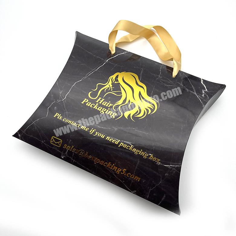 Custom gold foil Logo Black Wig Hair Extensions Packaging Paper Pillow Gift Boxes For Bundles