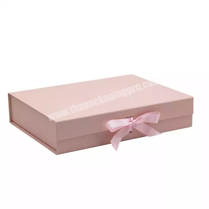 Custom ribbon knot slot shallow pink magnetic flap rigid gift box cardboard packaging