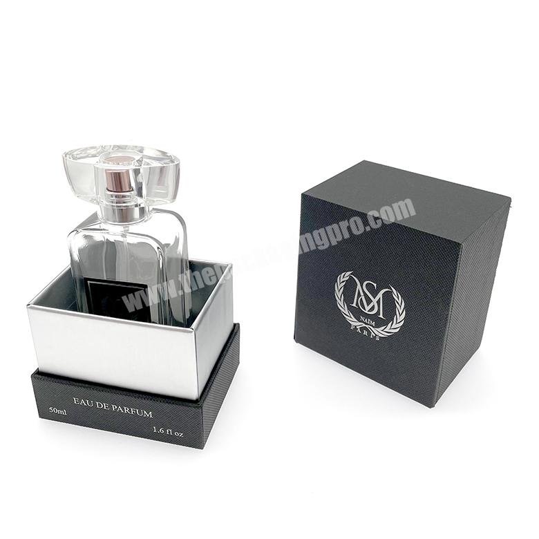 Custom silver foil logo texture black paper gift perfume box packaging