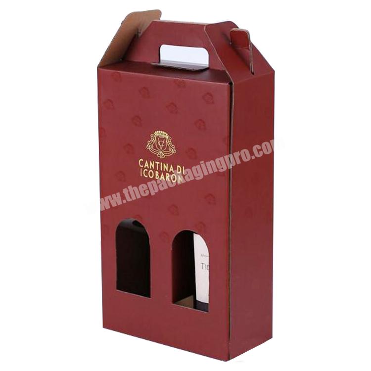 Custom strong printed corrugated double bottle pack wine packaging gift box with carrier handle