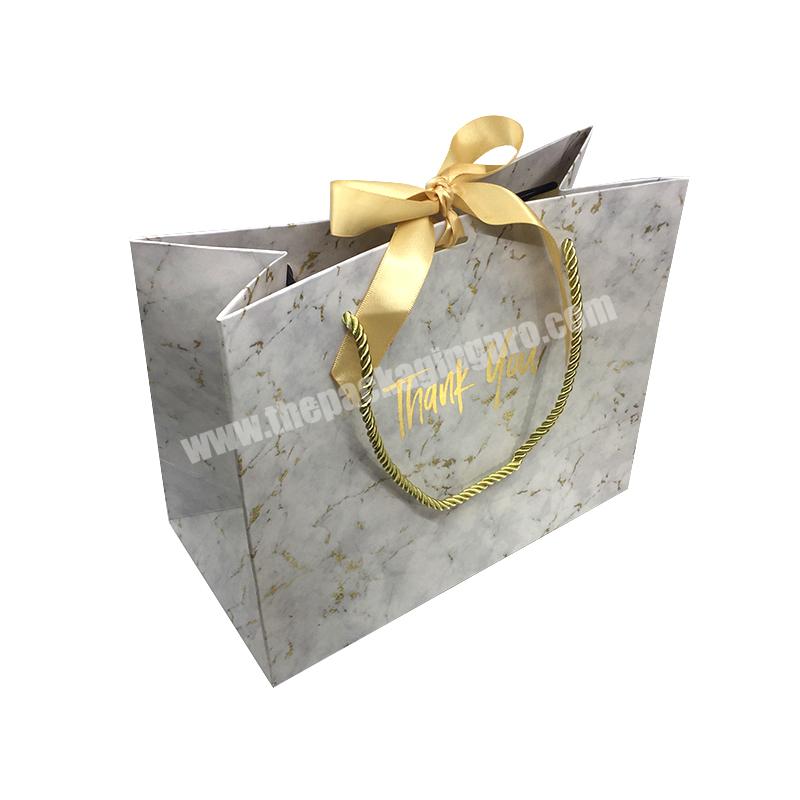 Custom unique marble color printed small thank you shopping paper bag with ribbon handle