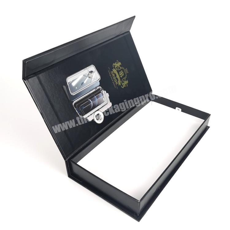 Customization Garment Black Matte Rigid Book Shape Magnetic Embossed Gold Foil UV Gift Folding Box With Insert