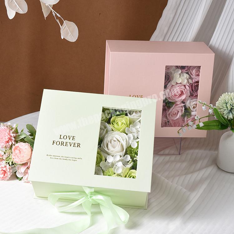 Customized Logo Printed Foldable Flower Box Square With Rose Boxes Flower Packaging With Ribbon