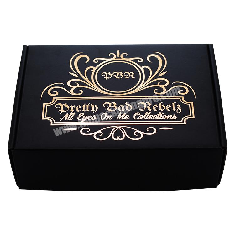 Customized Made Gold Logo Stamping Black Corrugated Paper Custom Logo Foldable Shipping Boxes for Clothing