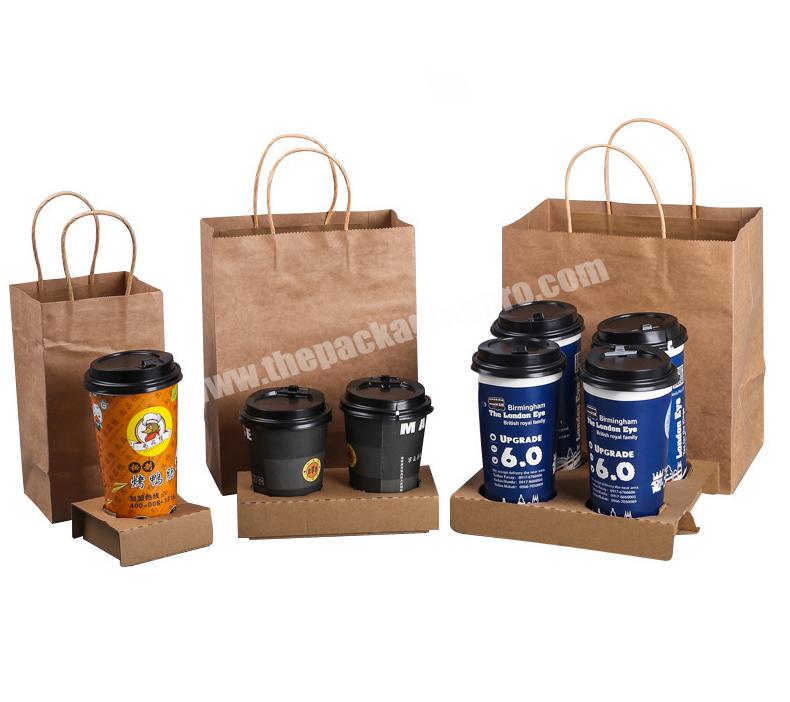 Customized logo Spot milk tea takeaway cup holder bags coffee baking kraft paper bag packaging