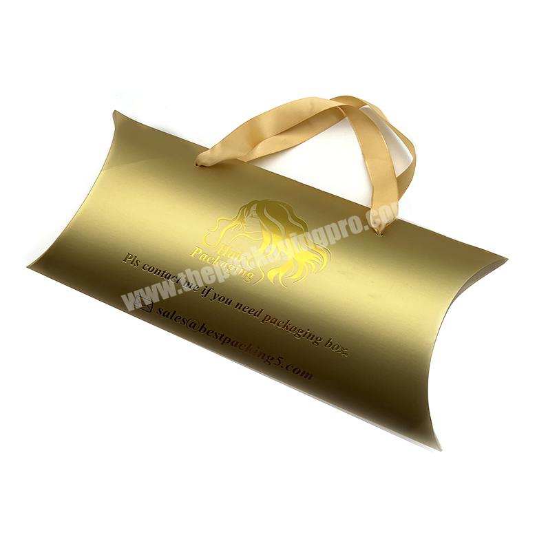 Customized logo brand gold wig pillow box packaging for Hair extension bundles with ribbon handles