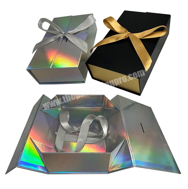 Double Door Design laser black Folding Box Ribbon Closure Flat Shipping Folding Paper Packaging Gift Boxes