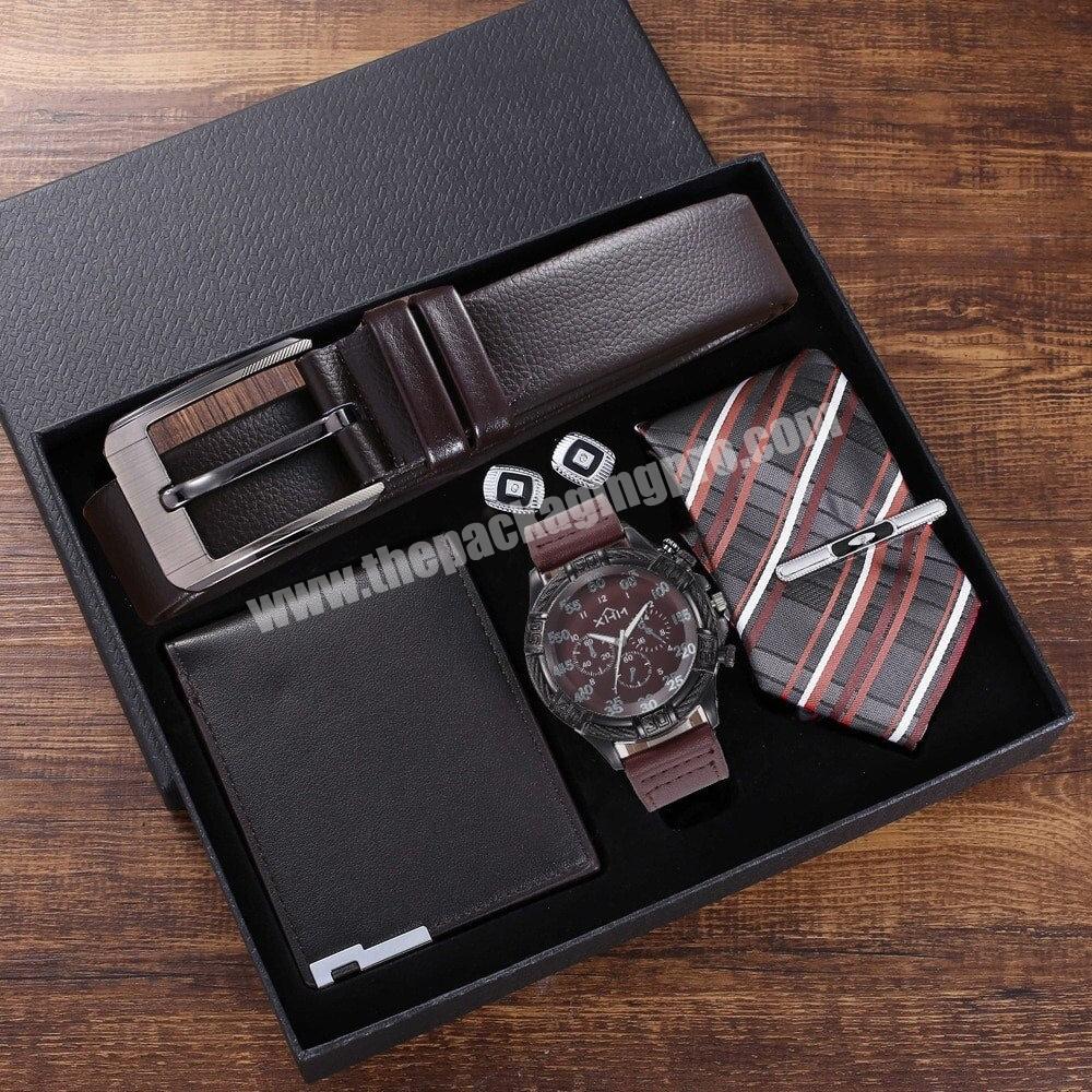 Eco Friendly Printing Custom Logo Lid and Base Luxury Black Gift Box Package for Men Kit Belt Wallet Sun Glasses and Watches