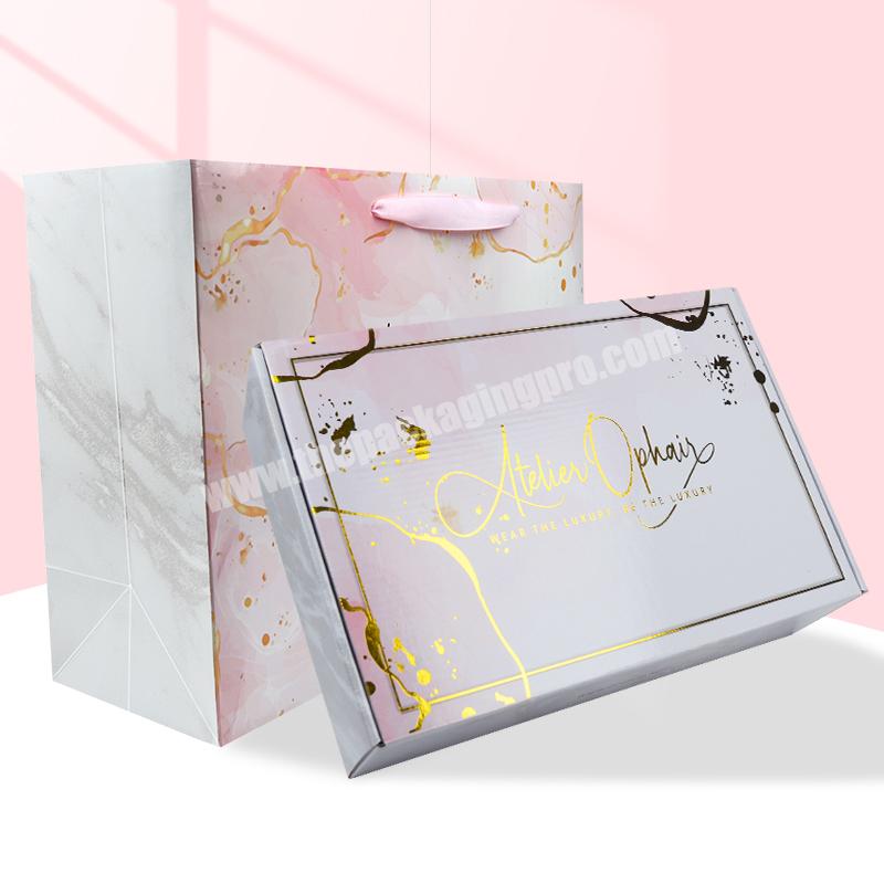 Exquisite  luxury customized  you own logo gloss lamination  gold foil pink corrugated gift paper box packaging