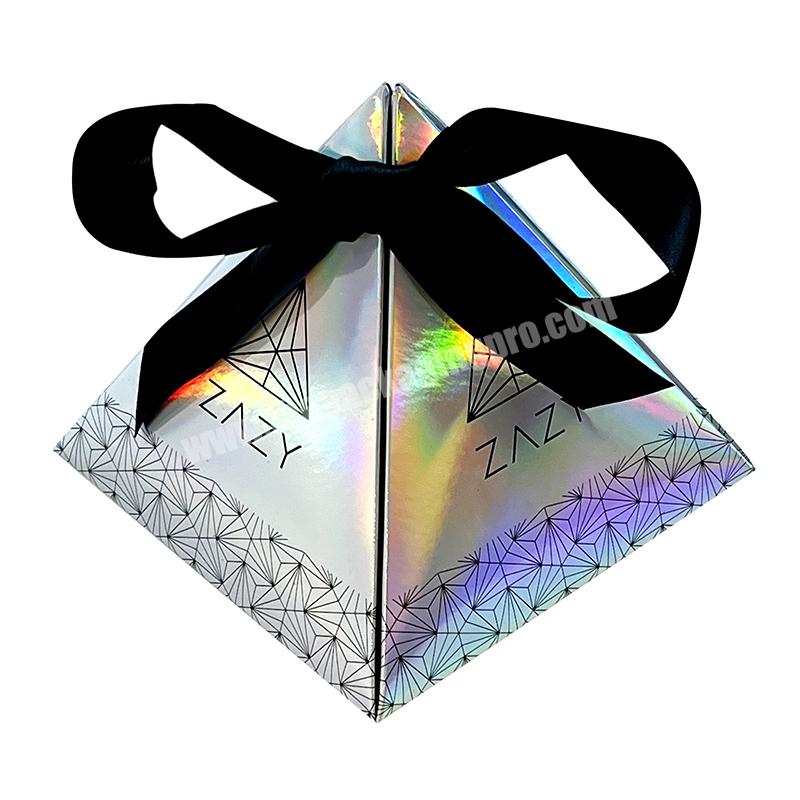 Factory Customized Folding Triangle Boxes Favor bright hologram Gift Christmas Wedding Gift Candy Box with Ribbon