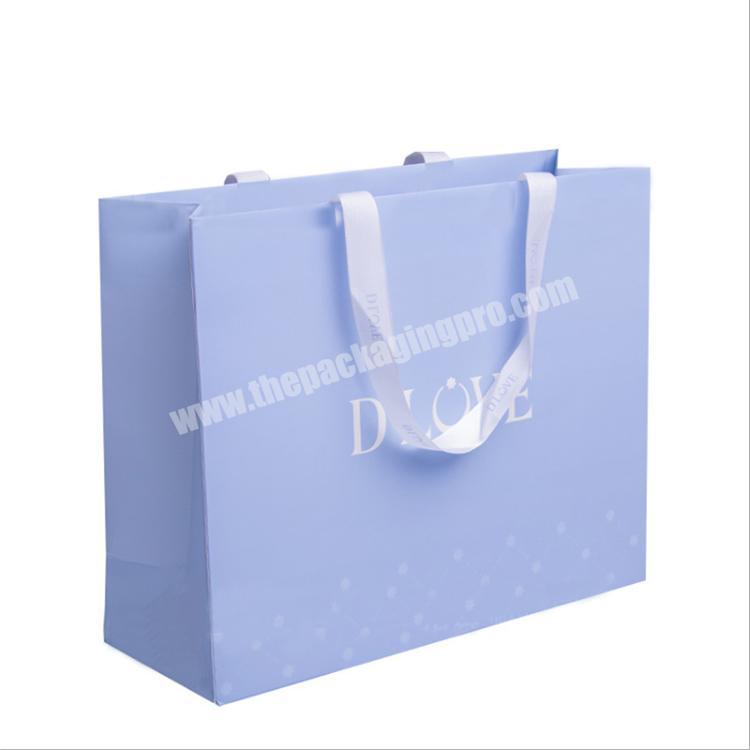 High quality gift bag with ribbon handle custom reusable bags wholesale eco friendly light blue shopping bag for clothes