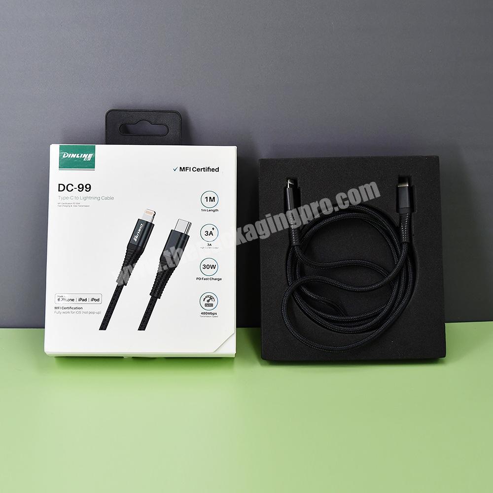 Hot selling USB-C charge and sync cable packaging box with hanger hook Data cable empty box