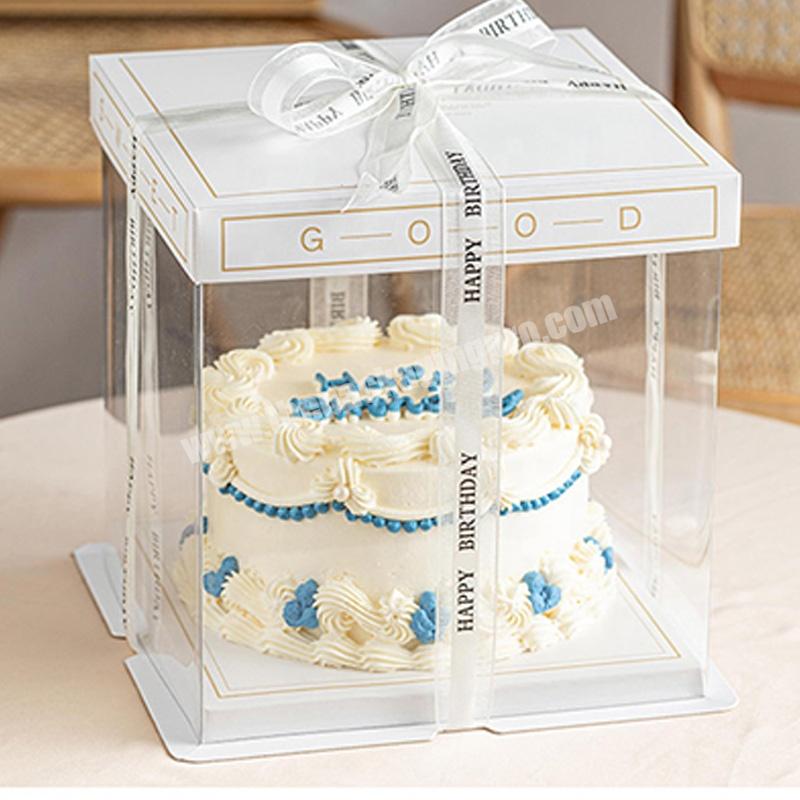 KinSun Handmade Rectangle Customized Transparent PET Cake Box In Stock With Ribbon And Window For Birthday Gift Packaging