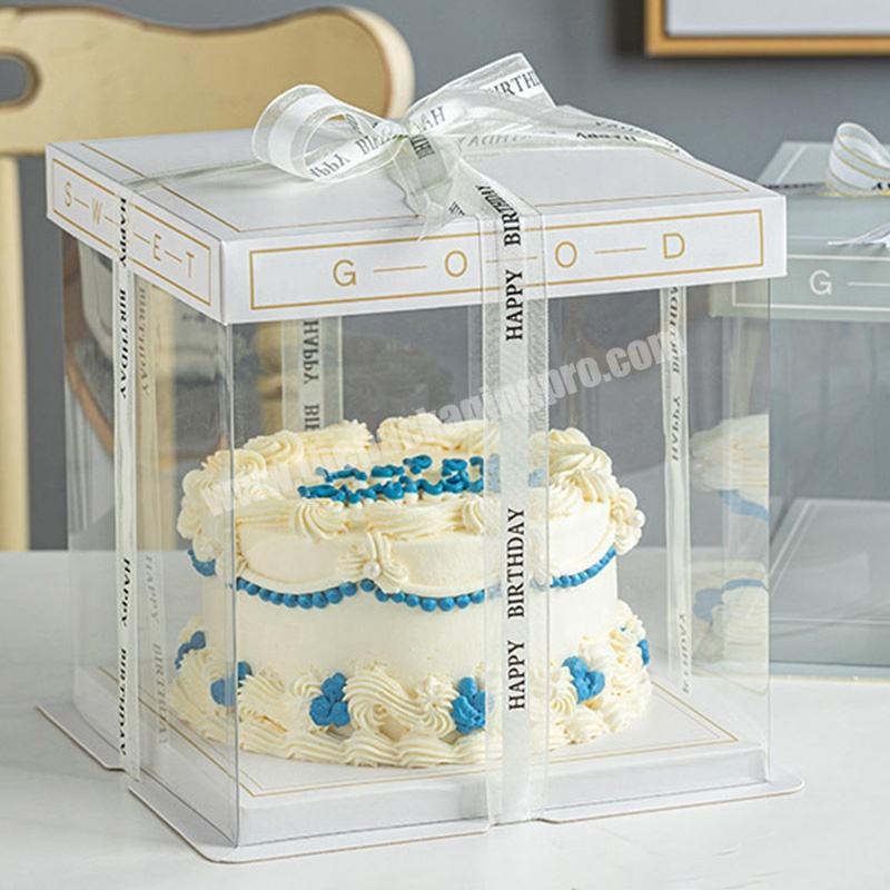 KinSun Superior Quality Rectangle Customized Transparent PET Cake Box In Stock With Ribbon And Window For Birthday Gift Packing