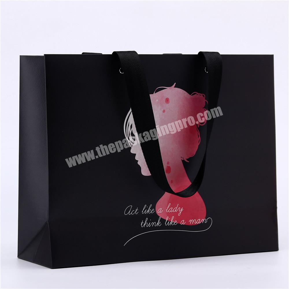 Lipack Luxury Art Paper Black Gift Shopping Bag Print Logo Paper Bags For Hair Extension Packaging