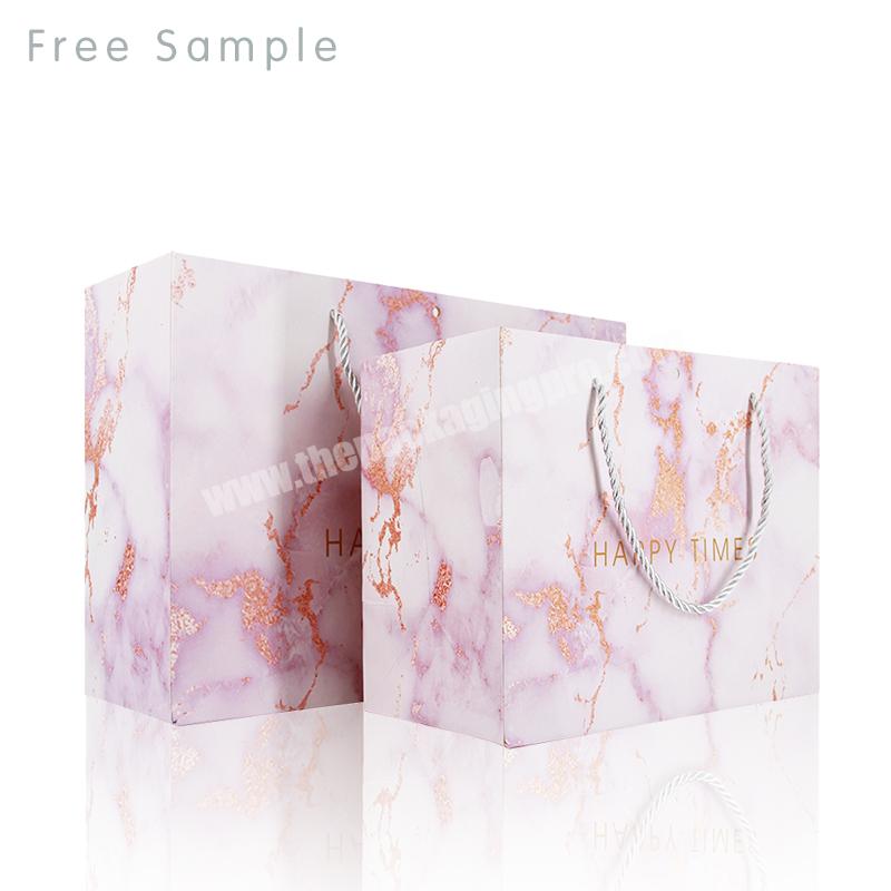 Lipack Personalized Logo Pink Paper Bags Marble Gift Paper Bags With Handles Ribbon